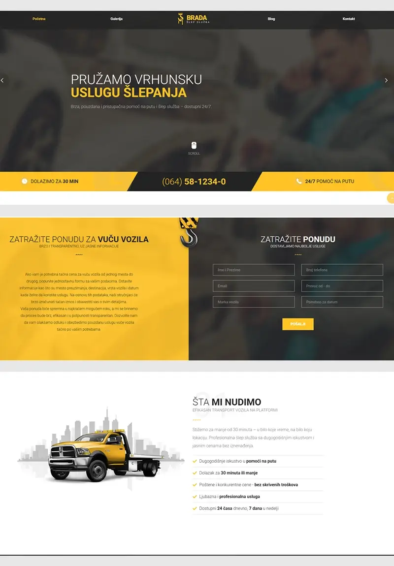 Brada šlep služba – desktop prikaz web sajta za firmu usluge pomoć na putu