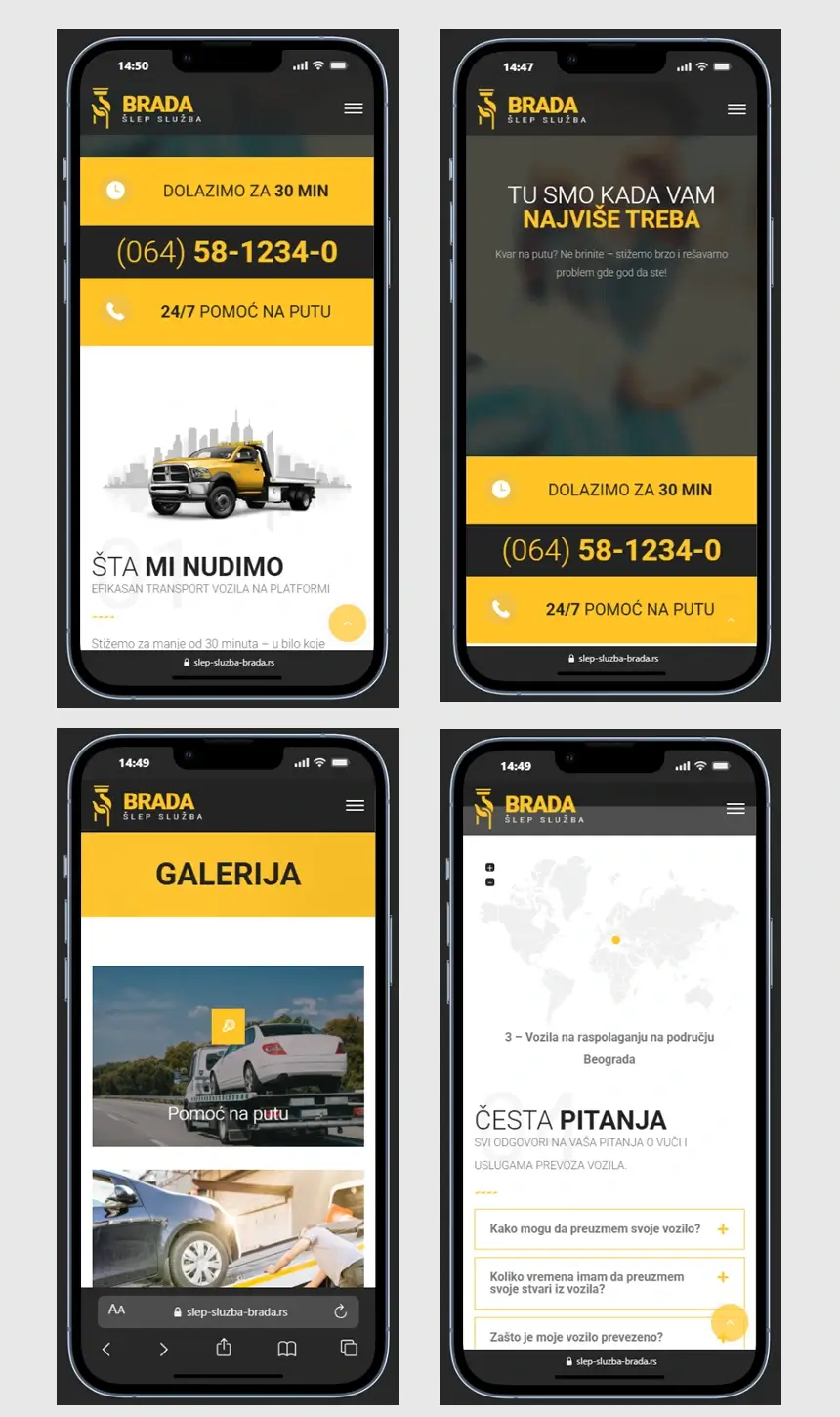 Brada šlep služba – mobilni prikaz web sajta za firmu usluge pomoć na putu