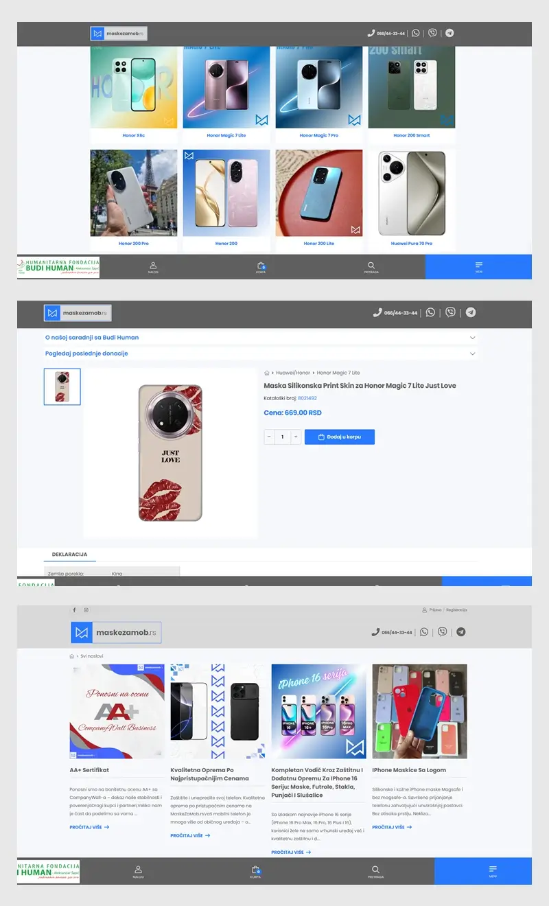 Maske za mob – desktop prikaz online shop sajta sa custom CMS i integracijama