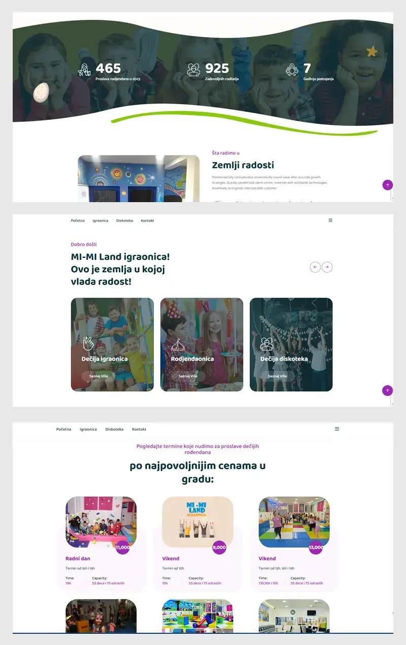 Mimililand – desktop prikaz informativnog web sajta za dečiju igraonicu