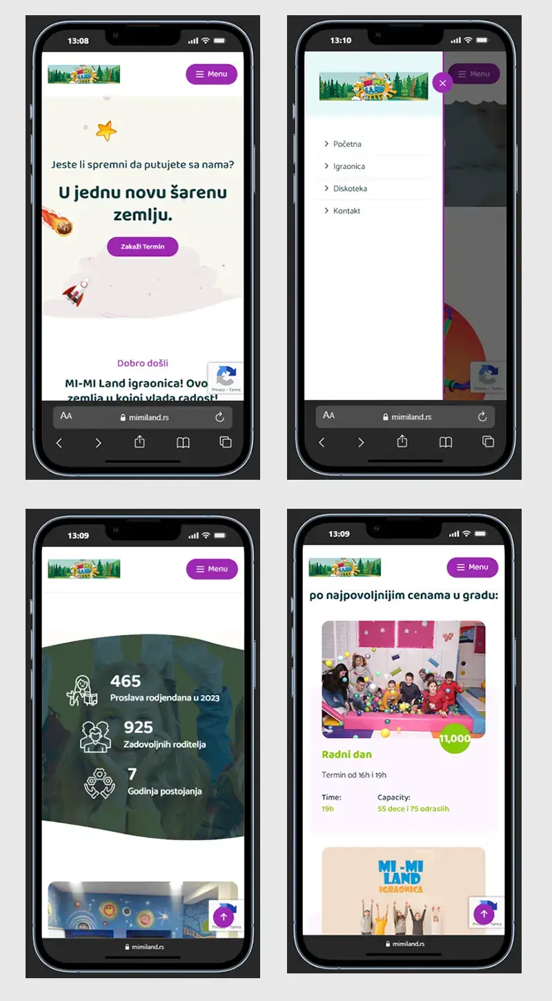 Mimililand – mobilni prikaz informativnog web sajta za dečiju igraonicu