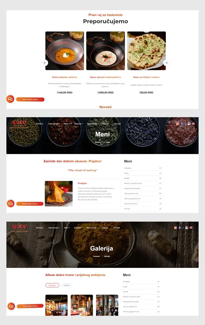 Spice restoran – desktop prikaz web sajta za ugostiteljski objekat