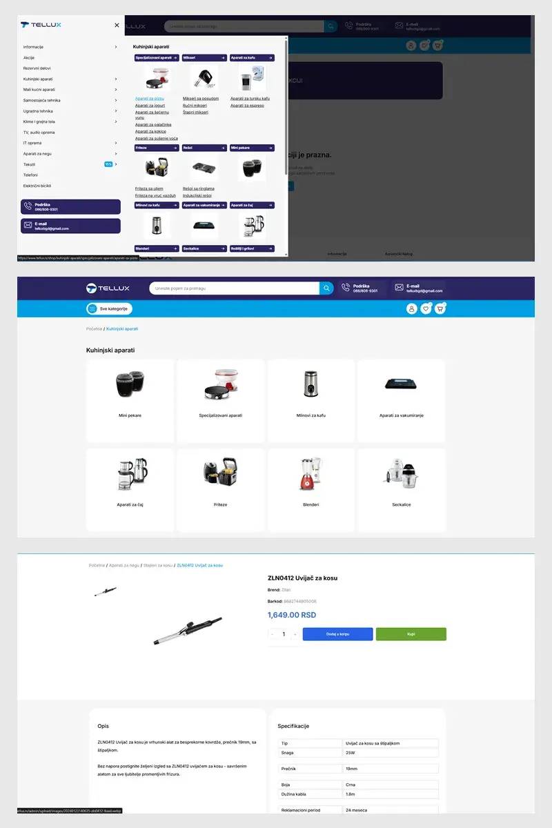 Tellux – desktop prikaz custom web aplikacije sa PHP, MySQL i modernim dizajnom